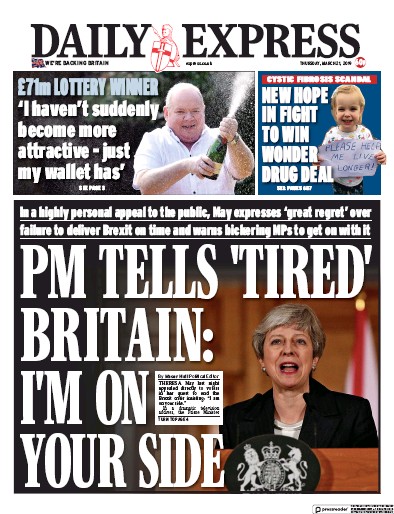 Daily Express Newspaper Front Page (UK) for 21 March 2019