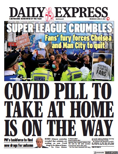Daily Express Newspaper Front Page (UK) for 21 April 2021