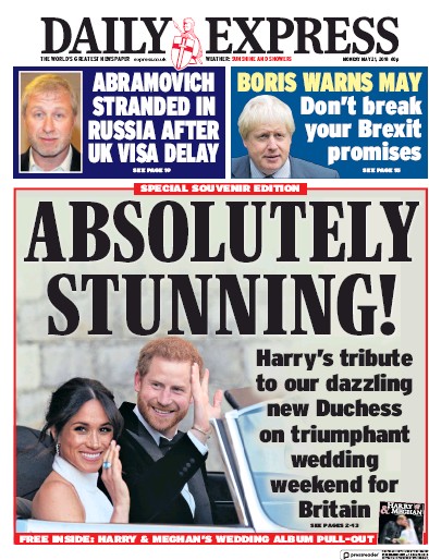 Daily Express Newspaper Front Page (UK) for 21 May 2018