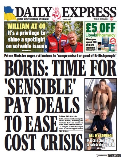 Daily Express Newspaper Front Page (UK) for 21 June 2022