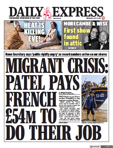 Daily Express Newspaper Front Page (UK) for 21 July 2021