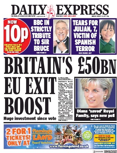 Daily Express Newspaper Front Page (UK) for 21 August 2017