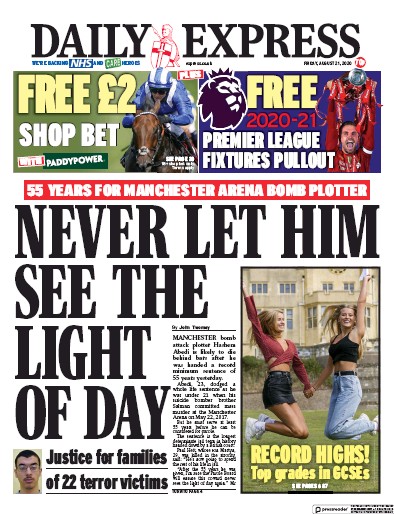 Daily Express Newspaper Front Page (UK) for 21 August 2020