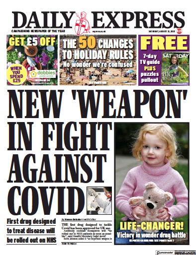 Daily Express Newspaper Front Page (UK) for 21 August 2021