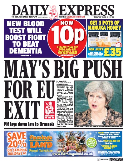 Daily Express Newspaper Front Page (UK) for 21 September 2017
