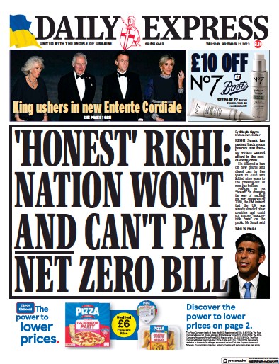 Daily Express Newspaper Front Page (UK) for 21 September 2023