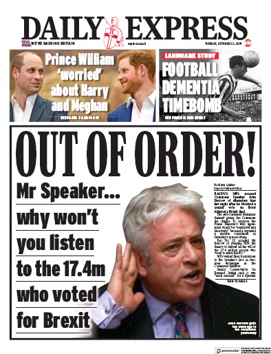 Daily Express Newspaper Front Page (UK) for 22 October 2019
