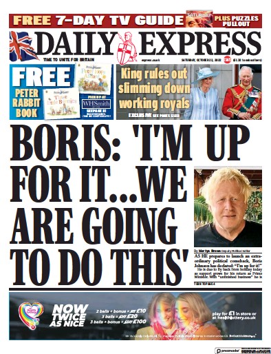 Daily Express Newspaper Front Page (UK) for 22 October 2022
