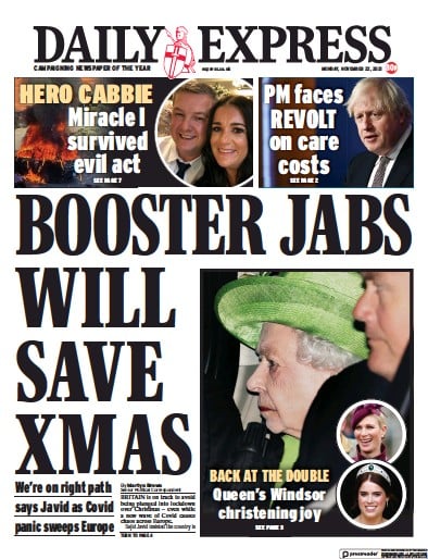 Daily Express Newspaper Front Page (UK) for 22 November 2021