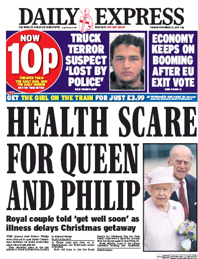 Daily Express Newspaper Front Page (UK) for 22 December 2016
