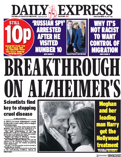 Daily Express Newspaper Front Page (UK) for 22 December 2017