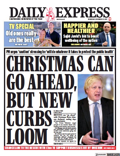 Daily Express Newspaper Front Page (UK) for 22 December 2021
