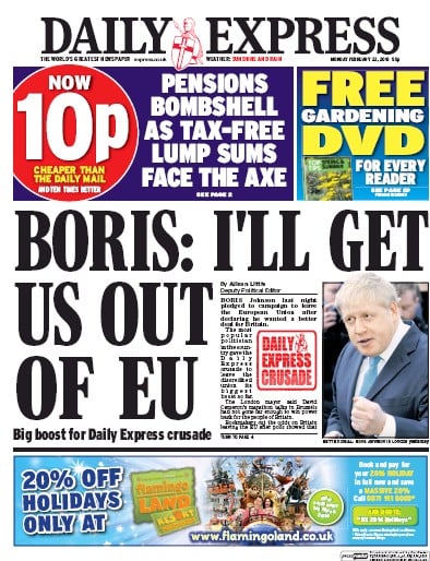 Daily Express Newspaper Front Page (UK) for 22 February 2016