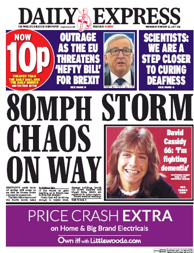 Daily Express Newspaper Front Page (UK) for 22 February 2017