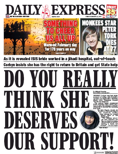 Daily Express Newspaper Front Page (UK) for 22 February 2019