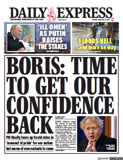 Daily Express Newspaper Front Page (UK) for 22 February 2022