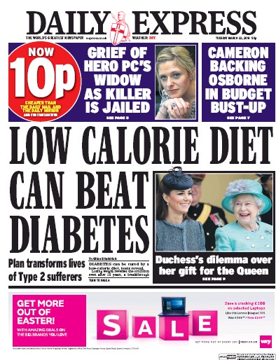Daily Express Newspaper Front Page (UK) for 22 March 2016