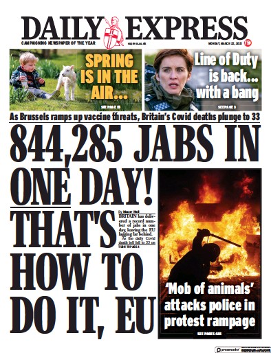Daily Express Newspaper Front Page (UK) for 22 March 2021