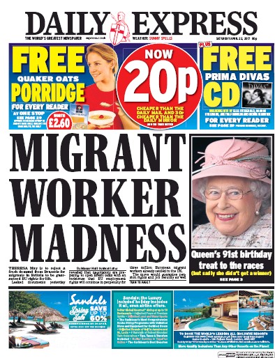 Daily Express Newspaper Front Page (UK) for 22 April 2017