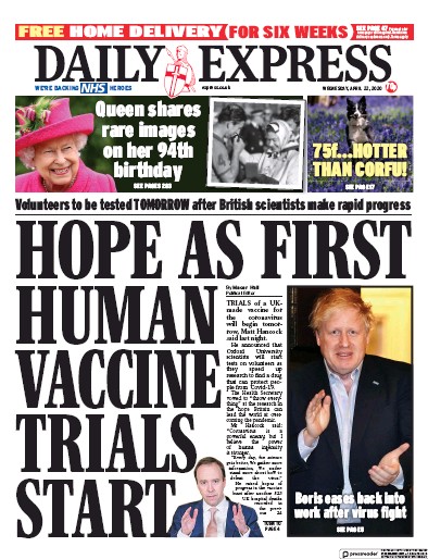 Daily Express Newspaper Front Page (UK) for 22 April 2020