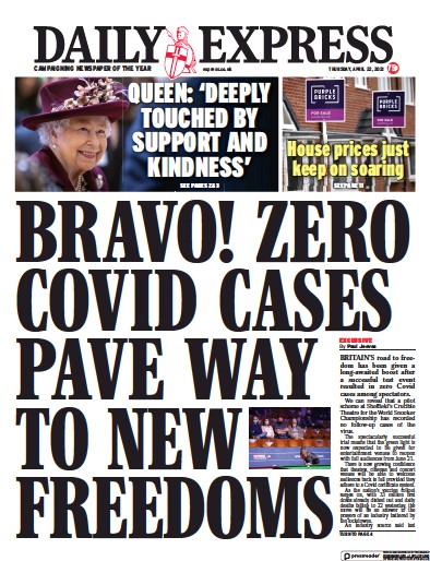 Daily Express Newspaper Front Page (UK) for 22 April 2021