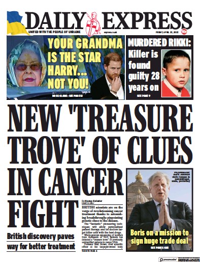 Daily Express Newspaper Front Page (UK) for 22 April 2022
