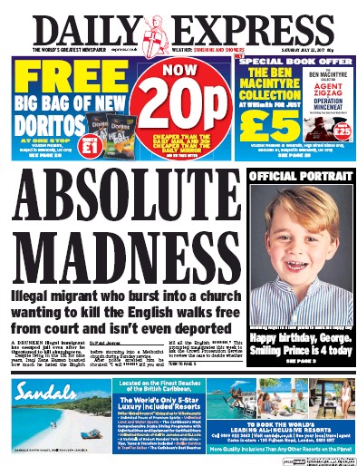 Daily Express Newspaper Front Page (UK) for 22 July 2017