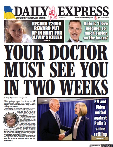 Daily Express Newspaper Front Page (UK) for 22 September 2022