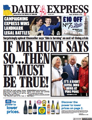 Daily Express Newspaper Front Page (UK) for 22 September 2023