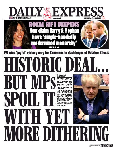 Daily Express Newspaper Front Page (UK) for 23 October 2019