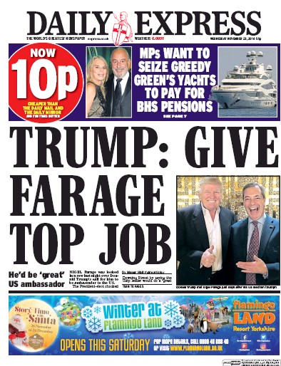 Daily Express Newspaper Front Page (UK) for 23 November 2016