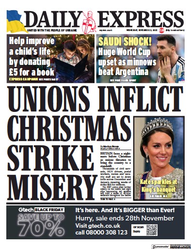 Daily Express Newspaper Front Page (UK) for 23 November 2022