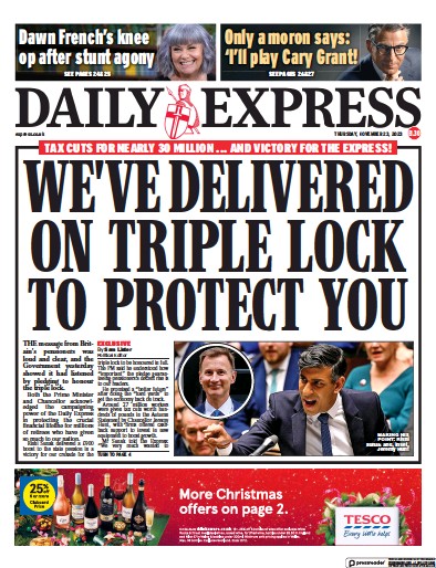 Daily Express Newspaper Front Page (UK) for 23 November 2023