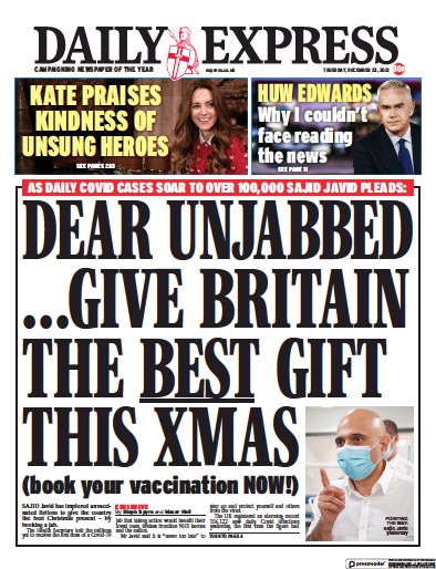 Daily Express Newspaper Front Page (UK) for 23 December 2021
