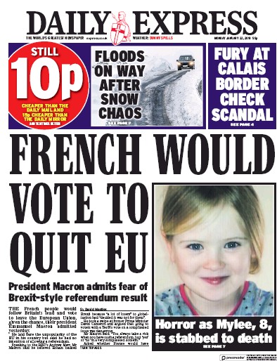 Daily Express Newspaper Front Page (UK) for 23 January 2018