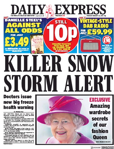 Daily Express Newspaper Front Page (UK) for 23 February 2018