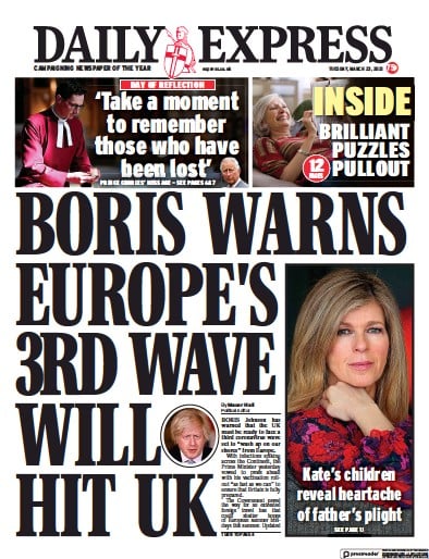 Daily Express Newspaper Front Page (UK) for 23 March 2021