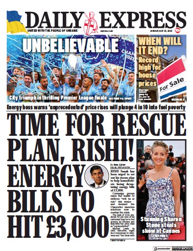 Daily Express Newspaper Front Page (UK) for 23 May 2022