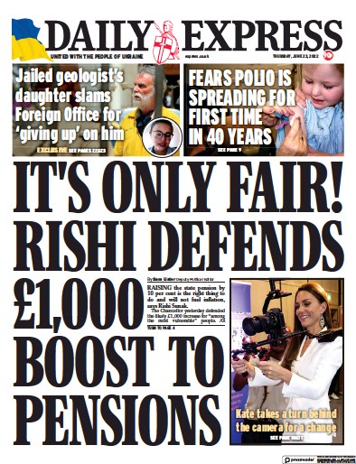 Daily Express Newspaper Front Page (UK) for 23 June 2022