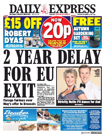 Daily Express Newspaper Front Page (UK) for 23 September 2017