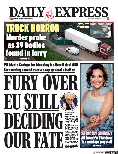 Daily Express Newspaper Front Page (UK) for 24 October 2019