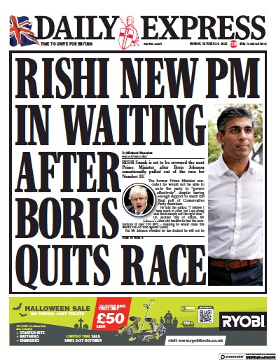 Daily Express Newspaper Front Page (UK) for 24 October 2022