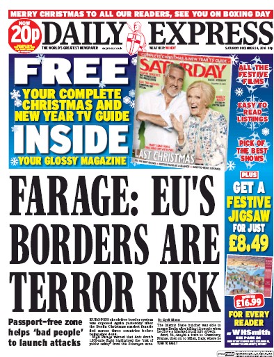 Daily Express Newspaper Front Page (UK) for 24 December 2016