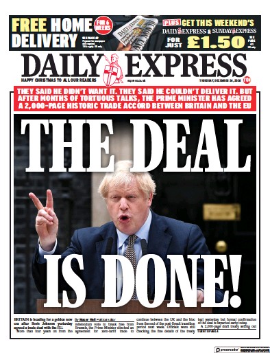 Daily Express Newspaper Front Page (UK) for 24 December 2020