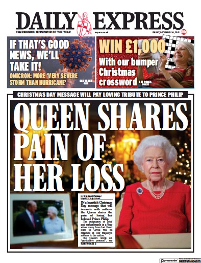 Daily Express Newspaper Front Page (UK) for 24 December 2021