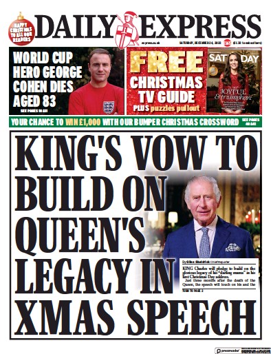 Daily Express Newspaper Front Page (UK) for 24 December 2022
