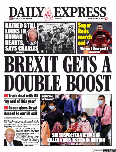 Daily Express Newspaper Front Page (UK) for 24 January 2020