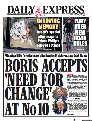 Daily Express Newspaper Front Page (UK) for 24 January 2022