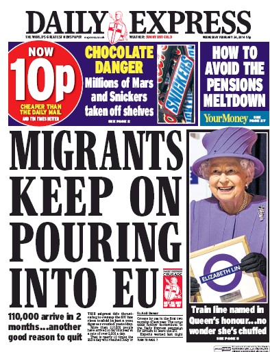 Daily Express Newspaper Front Page (UK) for 24 February 2016
