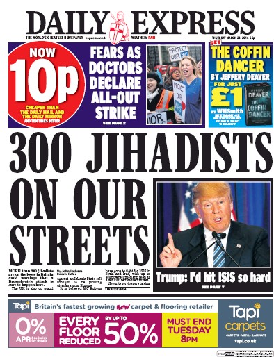 Daily Express Newspaper Front Page (UK) for 24 March 2016